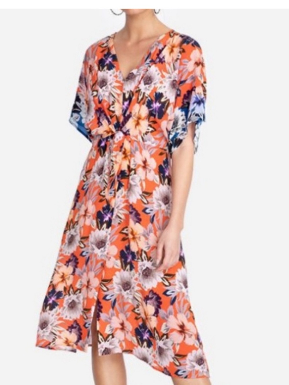 Johnny Was Jade Orange Floral Tie-Waist Midi Dress SZ S NWOT